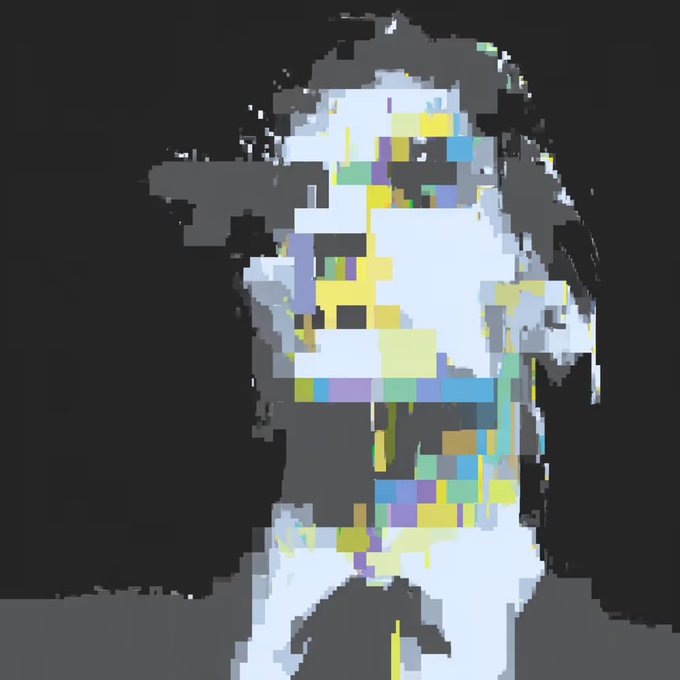 A highly distorted and pixelated grayscale image of a figure suffers from heavy digital artifacts and color glitching.