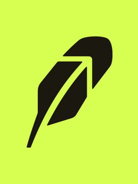 A stylized black feather icon on a bright neon green background, likely representing Robinhood's branding. The image visually ties to the post's announcement about significant onchain trading volume for $HIMS, $DJT, and $AMC stocks being settled off traditional exchanges.
