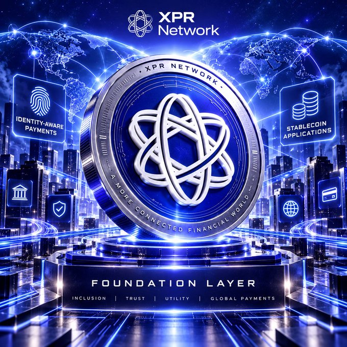 A blue digital coin for 'XPR Network' displayed on a pedestal with text 'FOUNDATION LAYER' and pillars representing identity-aware payments and stablecoin applications.