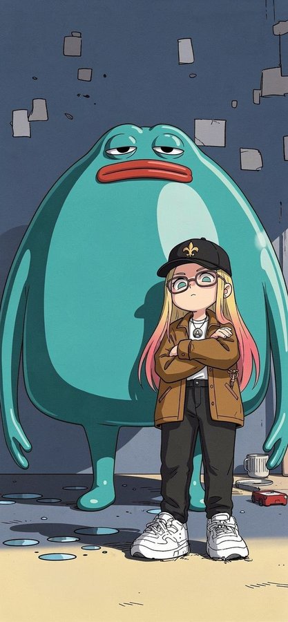 A blonde girl wearing glasses, a fleur-de-lis cap, and a brown jacket stands defiantly with arms crossed in front of a large, grumpy teal blob-like creature in a dimly lit alleyway, complementing the post's $10k challenge theme on @Markets_xyz.