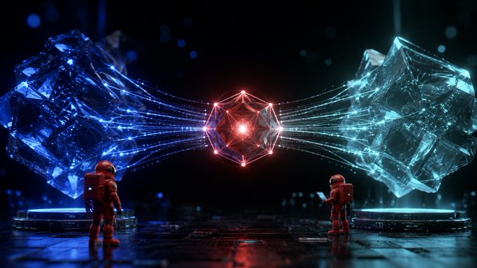 Two astronauts stand before glowing blue crystalline structures connected by streaming data lines to a central red geometric core, visualizing a network or blockchain. The image complements the post's teaser about an upcoming week of exciting developments for the Supra L1.
