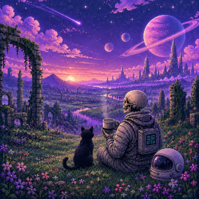 A digital illustration of an astronaut holding a mug, sitting in a field of purple flowers with a black cat and a helmet nearby, gazing at an alien planet and futuristic city under a starry purple sky.