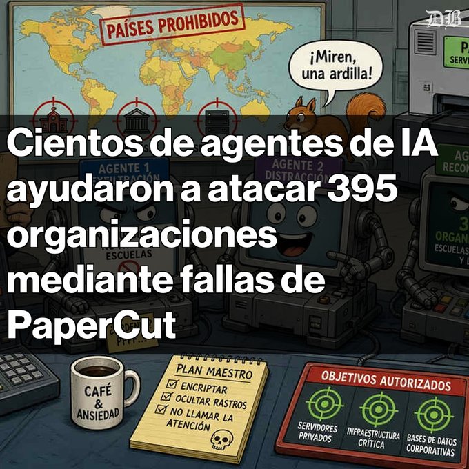 An illustrated graphic with Spanish text 'Cientos de agentes de IA ayudaron a atacar 395 organizaciones mediante fallas de PaperCut' shows cartoon robot agents, a squirrel saying '¡Miren, una ardilla!', and a 'PLAN MAESTRO' checklist.