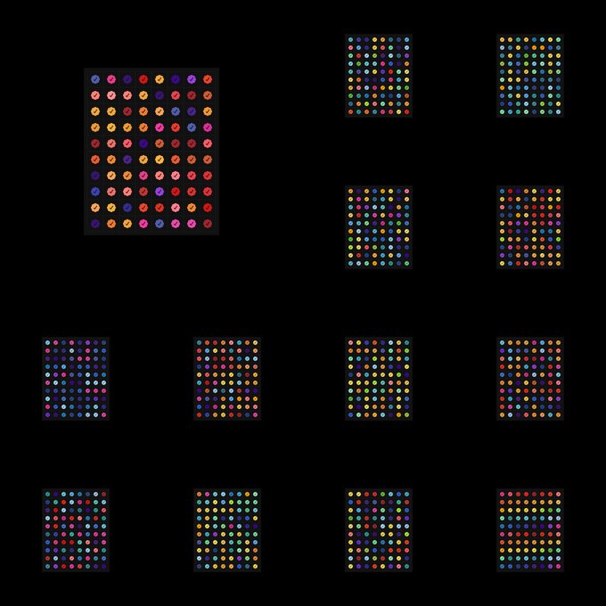 A collection of dark rectangular panels containing grids of multicolored dots against a black background.