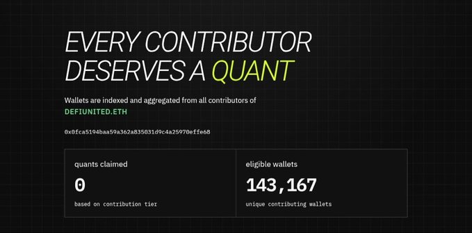 A dark-themed graphic displays "EVERY CONTRIBUTOR DESERVES A QUANT" with statistics showing 0 quants claimed and 143,167 eligible wallets based on contributions to DEFIUNITED.ETH (wallet address 0x8fca5194baa59a362a835031d9c4a25970eff6e8), supporting the announcement of a $QUANT airdrop for users who aided in restoring rsETH's backing during the April 18 crisis.