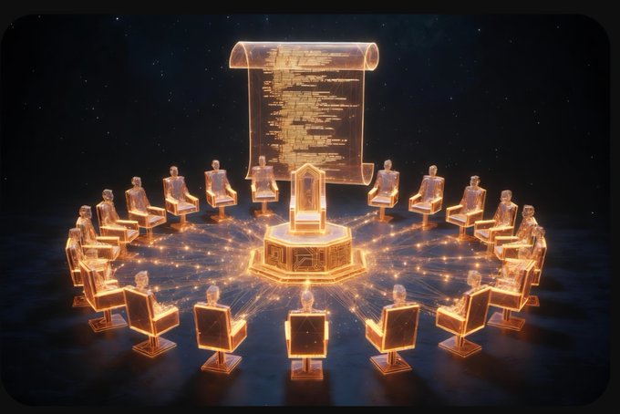 The image depicts a circular gathering of translucent, holographic figures seated around a central throne-like seat, with a glowing scroll of code suspended above—evoking a council of cryptographers or validators deliberating over ledger rules.

It visually reinforces the post's message: before buying more crypto like $XRP, $XLM, $HBAR, or $QNT, investors should "do their homework" by understanding the technical and governance foundations of these networks, much like informed council members reviewing a ledger rather than chasing price alone.
