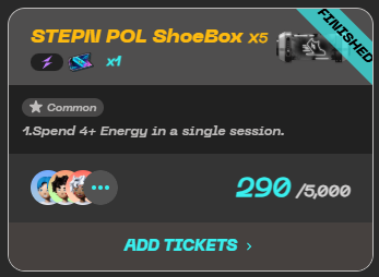 A gaming app interface showing a 'STEP'N POL ShoeBox x5' item marked as FINISHED, with a Common rarity, requirement to 'Spend 4+ Energy in a single session,' showing progress of 290/5,000 and an 'ADD TICKETS' button.