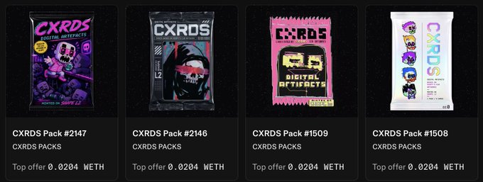 A display of four CXRDS packs (#2147, #2146, #1509, #1508) listed under "CXRDS PACKS," each with a top offer of 0.0204 WETH, illustrating the collectible digital artifact packs referenced in the post about missing a mint opportunity.