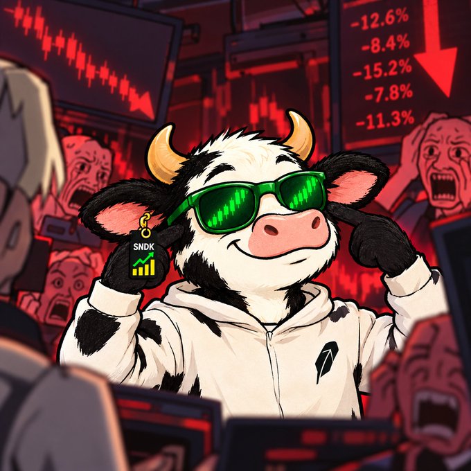 An animated cow wearing green sunglasses and a white hoodie gives two thumbs up in front of red stock market charts showing negative percentages, holding a tag that says 'SNDK'.