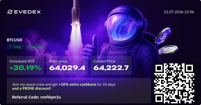 An 'EVEDEX' promotional graphic showing a BTCUSD Long trade with an Unrealized ROI of '+30.19%', alongside an astronaut mascot and a QR code.