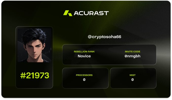 The image displays an Acurast user profile card featuring an anime-style avatar with ID "#21973" for user "@cryptosoha66," showing a "Novice" rebellion rank, invite code "0nmgbh," and zero processors/Mist. The image relates to the accompanying post by illustrating an example profile within the Acurast network, the decentralized mobile computing platform where Laya's AI demos are deployed across Android phones.