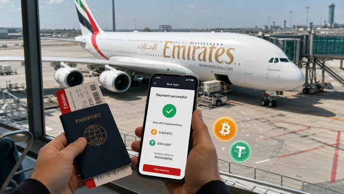 The image shows a person holding a passport and a smartphone displaying a successful Emirates flight payment via Crypto.com Pay, with an Emirates Airbus A380 visible at the gate in the background. The screen shows the booking reference "EK20240518" and confirms the airline's new cryptocurrency payment integration for UAE residents booking flights.
