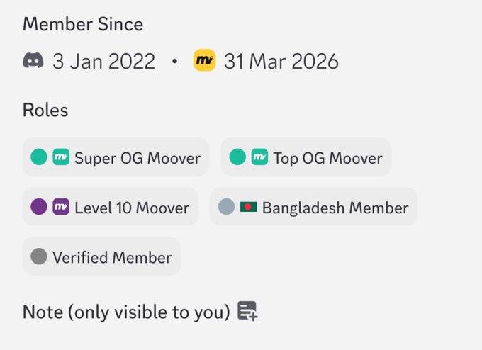 A user profile section showing 'Member Since' dates of 3 Jan 2022 and 31 Mar 2026, with roles including 'Super OG Moover,' 'Top OG Moover,' 'Level 10 Moover,' 'Bangladesh Member,' and 'Verified Member.'