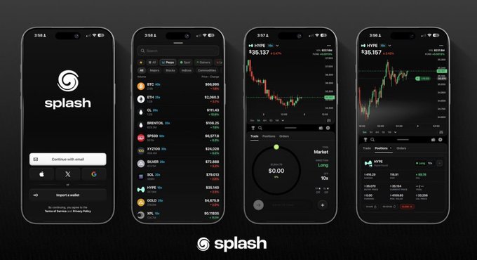 A mockup of the 'splash' crypto trading app displayed on four iPhone screens showing login, market list, and trading interfaces with HYPE token charts.