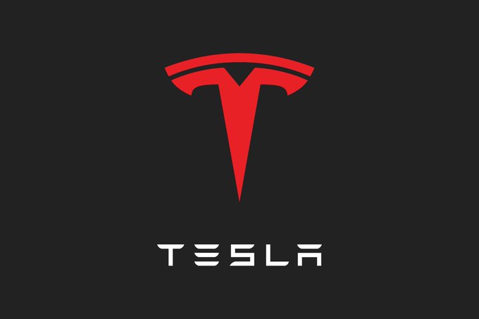 The image features a black background with a red T-shaped logo that reads "TESLA" prominently displayed. The T-shaped design, composed of two intersecting lines, is accompanied by a diagonal stripe at the top and bottom corners. Below the logo, there is text that says "CRAZY: $3,000 invested in Tesla's 2010 IPO would be worth over $1M today ... same amount in Bitcoin would now be worth over $5.35B".