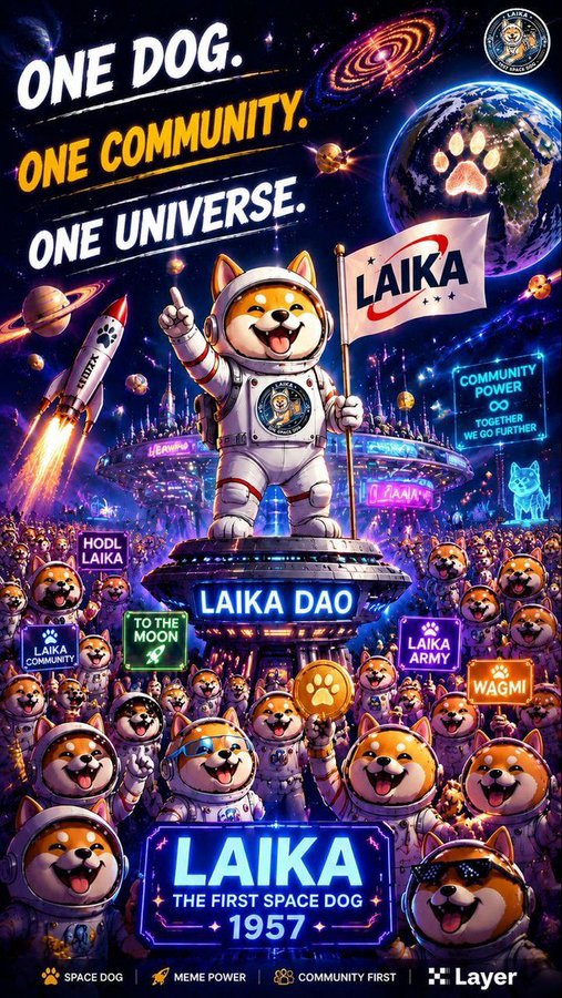 A promotional poster for 'LAIKA DAO' featuring a Shiba Inu dog in an astronaut suit holding a 'LAIKA' flag, with text 'ONE DOG. ONE COMMUNITY. ONE UNIVERSE.' and 'LAIKA THE FIRST SPACE DOG 1957'.