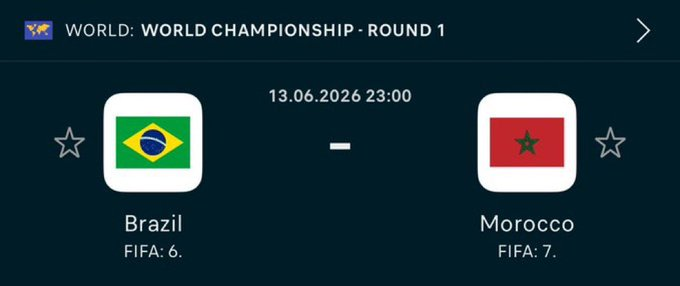 The image shows a photo of two flags, one representing Brazil and the other representing Morocco. A summary box at the bottom of the image states that there will be a soccer match between these two countries with the prediction made by a user that Morocco will win based on their forecast. The user's name is mentioned in the caption as 'drop your score predicting before the game starts'.