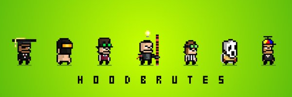 Pixel art showing seven hooded figures standing in a row on a bright green background, with the text 'HOODERUTES' below them.