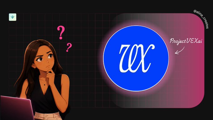 A graphic featuring a confused woman with question marks next to a blue circular logo with 'VEX' in white text, labeled 'Project VEXai' and credited to @alina.crypto.