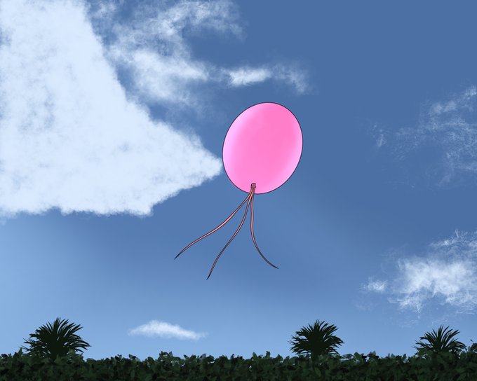 A pink balloon with red ribbons floats in a blue sky with white clouds above a row of palm trees and green foliage.