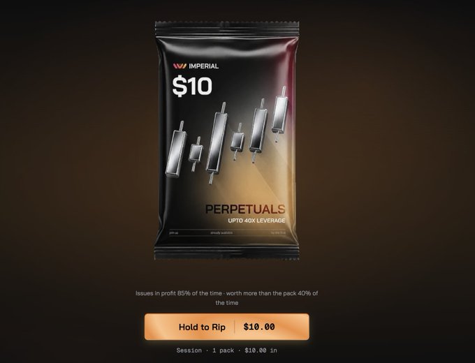 An advertisement for 'Imperial Perpetuals' trading platform showing a $10 pack with 'UPTO 40X LEVERAGE' and a 'Hold to Rip | $10.00' button, noting issues in profit 85% of the time.
