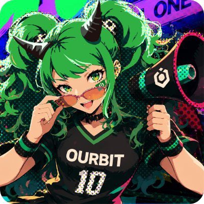 A vibrant anime-style illustration shows a character with green twin-tails, horns, and orange sunglasses, wearing a black jersey reading 'OURBIT 10' and holding a megaphone.
