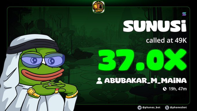 A promotional image celebrating a trading achievement on "SUNUSi," which was called at 49K and reached a 37.0X gain, credited to user ABUBAKAR_M_MAINA within 19 hours and 47 minutes, alongside a post praising profits from $20 to $740 thanks to @SunusiMinjibir and @theafricanbulll.