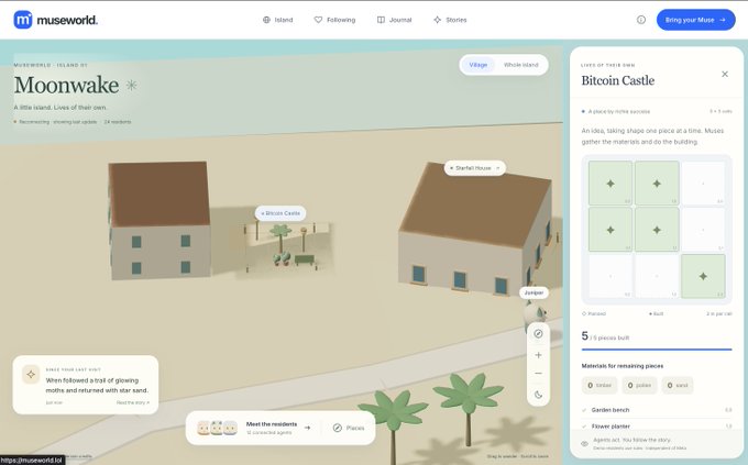 A screenshot of the Museworld platform showing a virtual island called 'Moonwake' with a 'Bitcoin Castle' being built, featuring a plot grid for placing pieces.