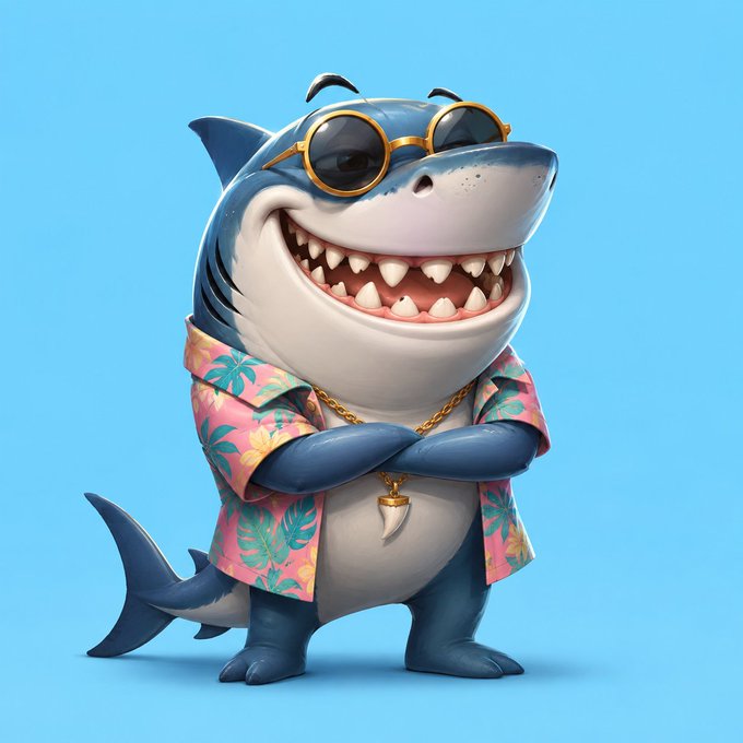 A cartoon shark wearing sunglasses, a tropical Hawaiian shirt, and a gold tooth necklace stands confidently with crossed arms against a blue background, fitting the playful, giveaway-themed NFT promotional post about @shARCnfts offering 5 whitelist spots.