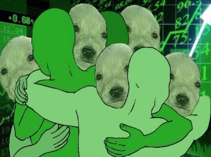 Two green cartoon figures embrace in a group hug with cutout dog faces, set against a background of a rising stock chart displaying numbers like "12.04," "16," "75," and "82." The image humorously visualizes "GM future millionaires" by depicting group members uniting behind a bullish, upward-trending market.