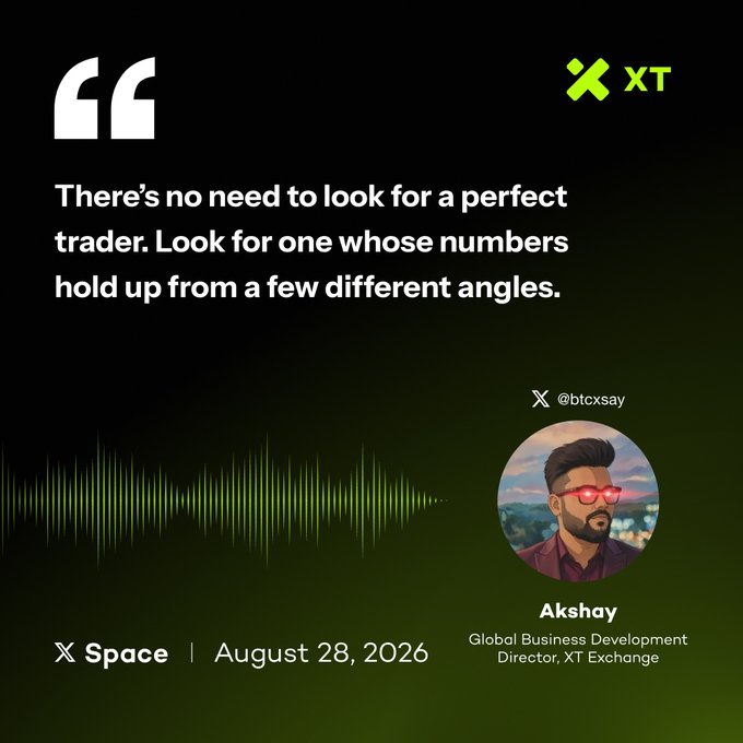 A promotional quote card from XT Exchange featuring a quote by Akshay, Global Business Development Director, about evaluating traders, with an audio waveform graphic.