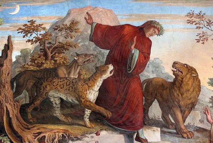 A classical fresco depicts a robed figure in red with arms raised, surrounded by threatening animals including a leopard, hyena, and lion in a rocky landscape.