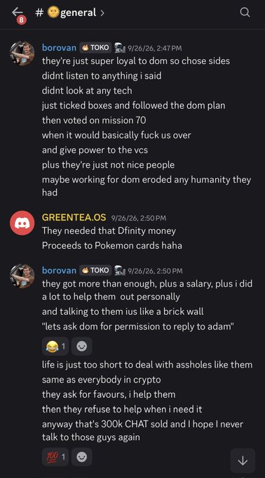 A Discord chat screenshot in the #general channel shows users 'borovan' and 'GREENTEA.OS' discussing blockchain governance issues, with complaints about people being 'super loyal to dom', voting on 'mission 70', and refusing to help others despite receiving help and salary, mentioning a '300k CHAT' token sale.