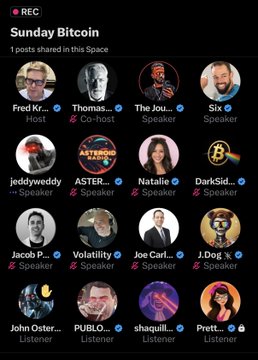 A screenshot from X Spaces showing a 'Sunday Bitcoin' space with hosts Fred Kr..., Thomas..., and speakers including 'The Jou...', 'Six', 'ASTERO...', 'Natalie...', and others.