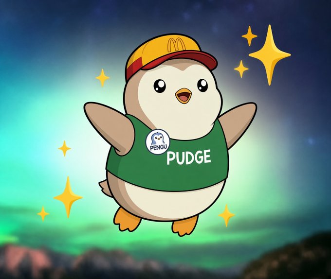 An illustration of a cute penguin-like character wearing a McDonald's cap and a green shirt labeled 'PUDGE' with a PENGU pin, set against an aurora-filled night sky.