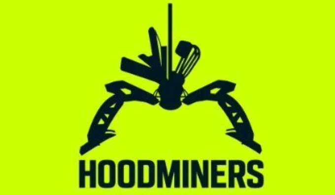A black logo on a yellow-green background features a pickaxe, mining helmet, and shovel arranged in a crown shape with the text 'HOODMINERS' below.