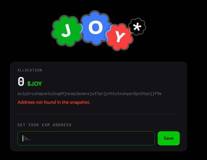A dark-themed web interface for the JOY token allocation showing 'Address not found in the snapshot' with an input field labeled 'SET YOUR EVM ADDRESS'.