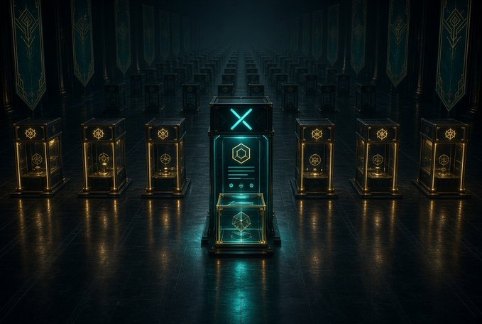 A dark, atmospheric scene of a long corridor lined with ornate display cases containing golden artifacts, with a central illuminated pedestal featuring a blue glowing 'X' symbol and hexagonal emblems on the walls.