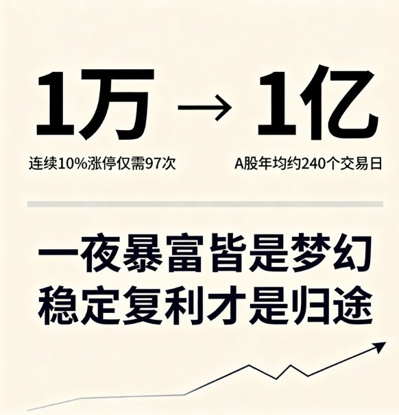 A Chinese investment infographic showing '1万 → 1亿' with the message '一夜暴富皆是梦幻 稳定复利才是归途' (overnight wealth is a dream, stable compound interest is the way).