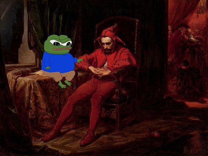 A meme featuring Pepe the Frog in a blue shirt sitting on the bed of a red-dressed devil figure, with the artist's signature "MEMTEXO" visible in the bottom right corner, humorously reinforcing the post's ironic gratitude toward crypto "filling the void" of romance.