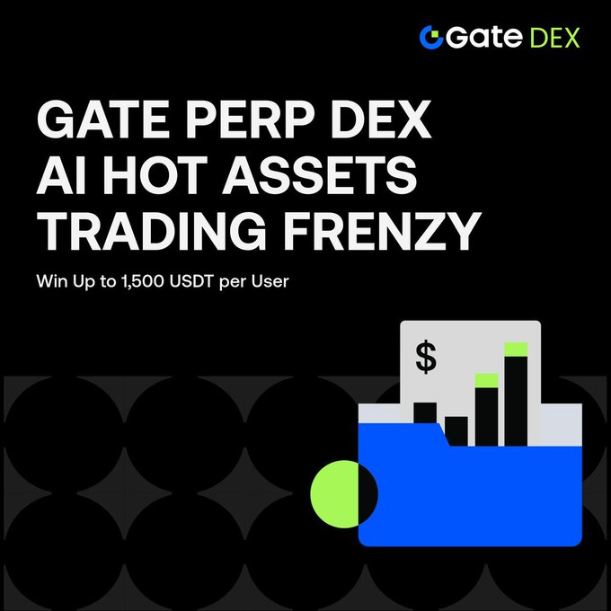 The image features an advertisement for Gate DEX AI hot assets trading system. The poster displays a blue folder with a green dollar sign, symbolizing the currency involved in the trading system. The text on the poster highlights that users can win up to 1,500 USDT per user by participating in the trading system. Additionally, there is a link provided for more information about the trading system and how to participate.