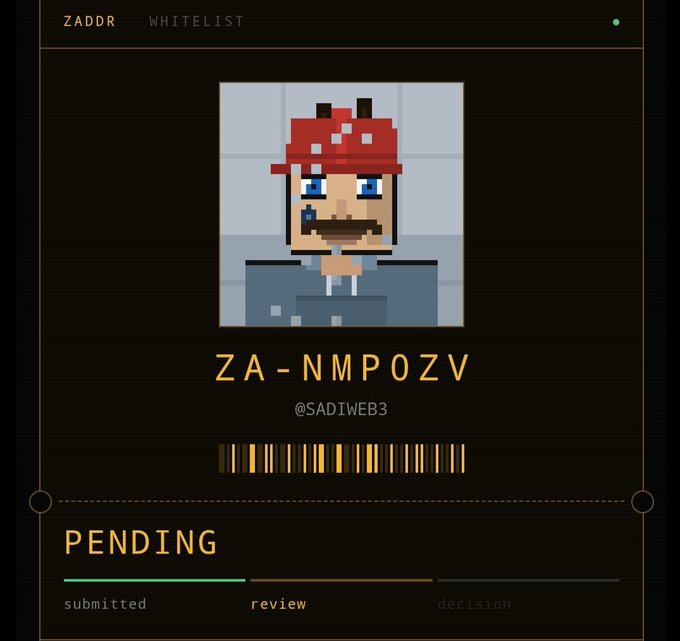 A ZADDR WHITELIST interface displays a pixel art character wearing a red mushroom-like hat, with the username 'ZA-NMPOZV' and handle '@SADIWEB3' in yellow on a dark background, marked as 'PENDING' in the review status.