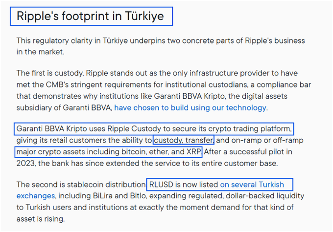 A screenshot titled "Ripple's footprint in Türkiye" detailing Ripple's business activities in the Turkish market, highlighting Garanti BBVA Kripto's use of Ripple Custody for trading bitcoin, ether, and XRP, and the listing of RLUSD stablecoin on Turkish exchanges BİLira and Bitlo.