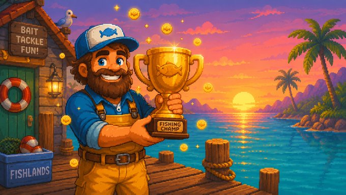 A cheerful cartoon fisherman proudly holds a golden "Fishing Champ" trophy on a vibrant tropical dock, with signs reading "Bait Tackle Fun!" and "Fishlands," celebrating the winners of the completed leaderboard event.