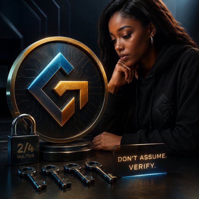 Digital art image showing a woman in a black hoodie looking at a large metallic crypto coin with geometric logo, accompanied by a '2/4 MULTISIG' padlock, three keys, and the text 'DON'T ASSUME. VERIFY.'
