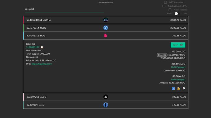 A screenshot of a cryptocurrency wallet or exchange interface showing a passport page with various token balances including ALPHA, USDC, HOG, ALGO, and WAD, with a LiquiHog transaction detail for 1,000,000 HOG.