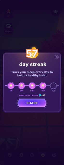 A dark purple-themed screenshot of a sleep tracking app shows a '57 day streak' achievement with the message 'Track your sleep every day to build a healthy habit' and a share button to earn rewards.