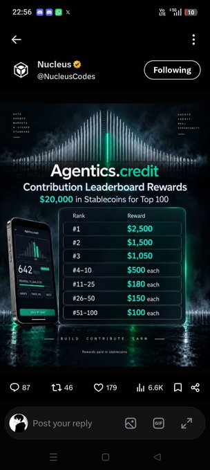 A Twitter/X screenshot from 'Nucleus' (@NucleusCodes) promoting 'Agentics.credit Contribution Leaderboard Rewards' offering $20,000 in Stablecoins for Top 100 contributors, with a reward tier breakdown from #1 ($2,500) to #51-100 ($100 each).