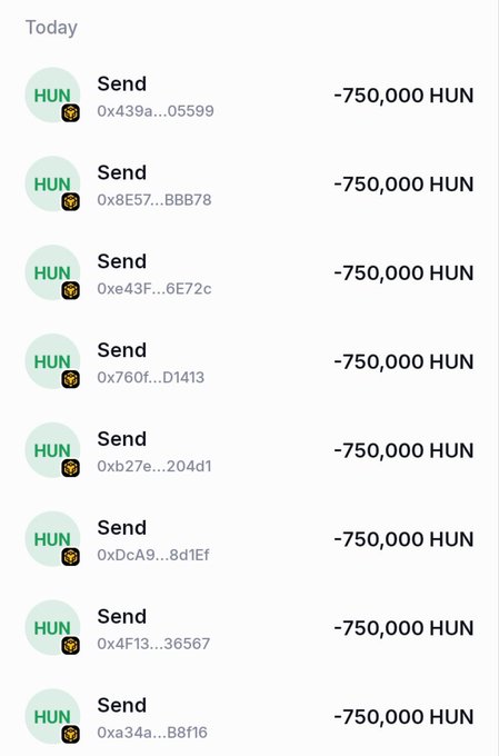 A mobile app screen displays a list of cryptocurrency transactions, showing multiple "Send" entries of "-750,000 HUN" with partially visible wallet addresses.