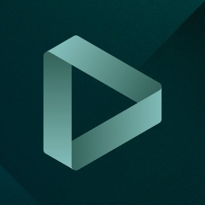 A geometric, three-dimensional triangular logo in shades of teal on a dark background.